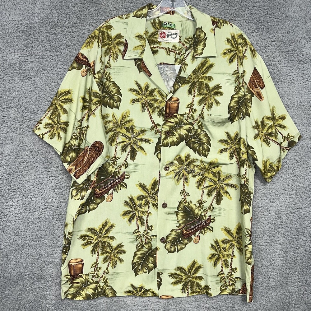 VTG Hilo Hattie Hawaiian Shirt Sz L Green Palm Tree Canoe Wood Turtle Buttons